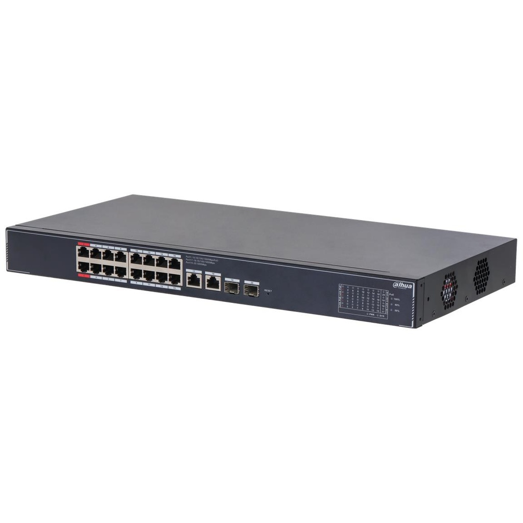 Switch|DAHUA|DH-SG4020LP|Switch layer L2|16xRJ-45 ports|RJ-45 Ports Type Gigabit Ethernet (10/100/1000)|2xGigabit Ethernet (copper) ports quantity|2xSFP module slots quantity|16xPower over Ethernet (PoE) ports quantity|Total Power over Ethernet (PoE) budget 190 W|SG4020LP