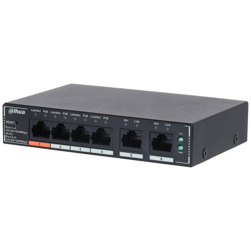 [O203SG400649] Switch|DAHUA|DH-SG4006P|Switch layer L2|6xRJ-45 ports|RJ-45 Ports Type Gigabit Ethernet (10/100/1000)|4xPower over Ethernet (PoE) ports quantity|Total Power over Ethernet (PoE) budget 60 W|SG4006P