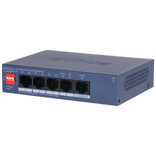 [O203CS400658] Switch|DAHUA|DH-CS4005-4ET1GT-36|Switch layer L2|4xRJ-45 ports|RJ-45 Ports Type Fast Ethernet (10/100)|1xGigabit Ethernet (copper) ports quantity|4xPower over Ethernet (PoE) ports quantity|Total Power over Ethernet (PoE) budget 36 W|CS4005-4ET1GT-36